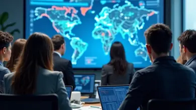 Equipe diversificada analisando dashboard de dados com visualização clara e impactante.