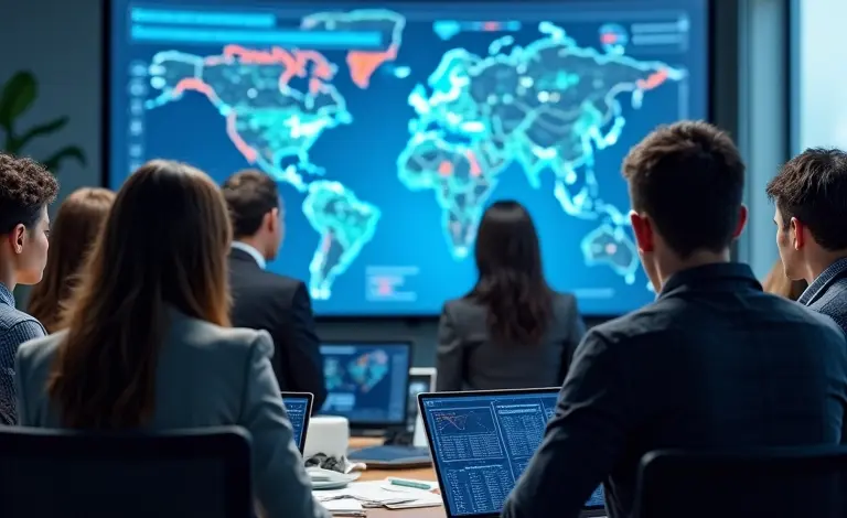 Equipe diversificada analisando dashboard de dados com visualização clara e impactante.