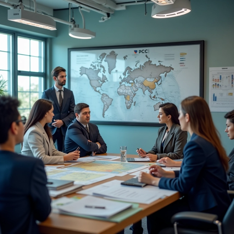Escritório organizado com mapas e gráficos, representando a estrutura 'PCC'.