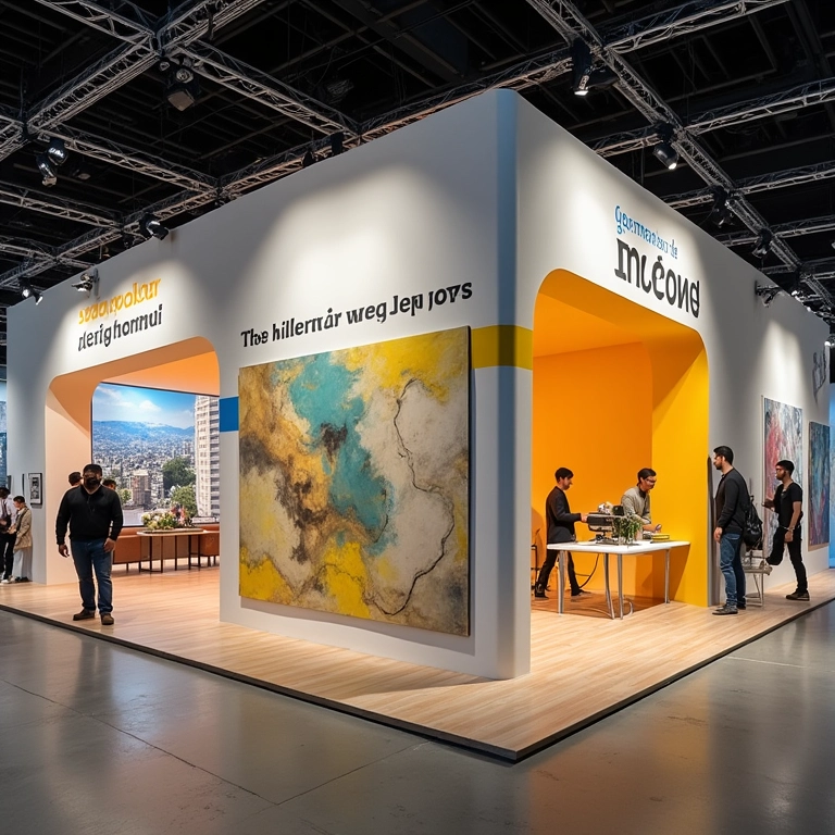 Estande de exposição na Semana de Design de São Paulo com design brasileiro moderno.