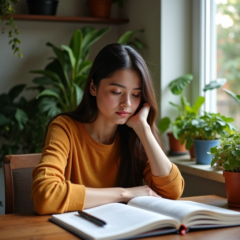 Estudante de pedagogia criando planos de aula em um ambiente aconchegante e colorido.
