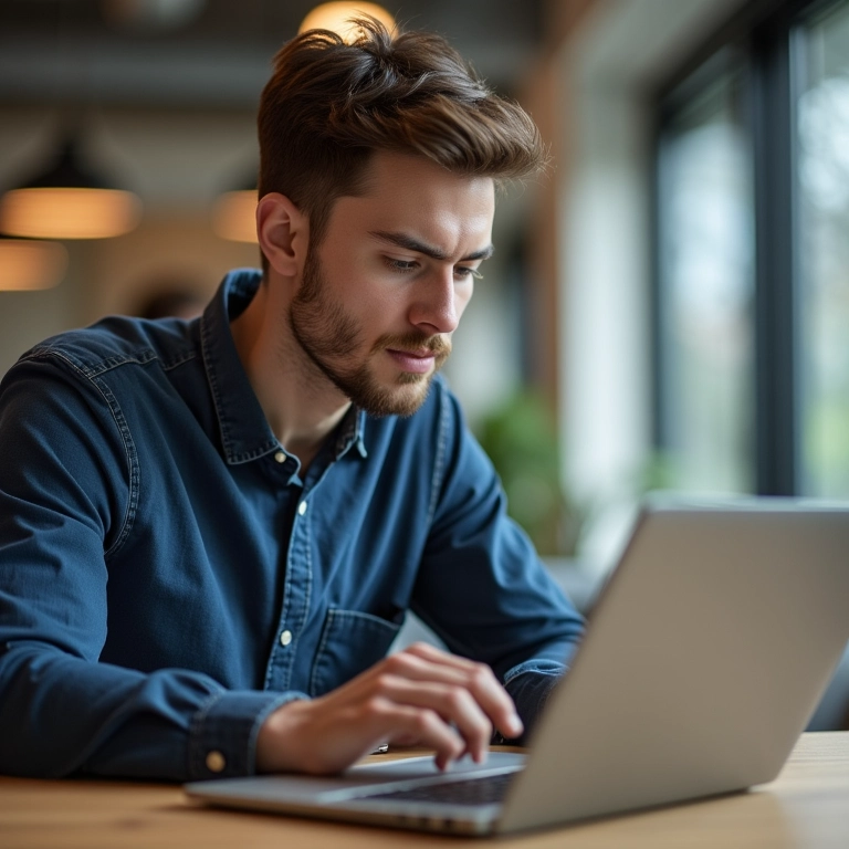 Estudante pesquisando abordagens pedagógicas em um espaço de coworking moderno.