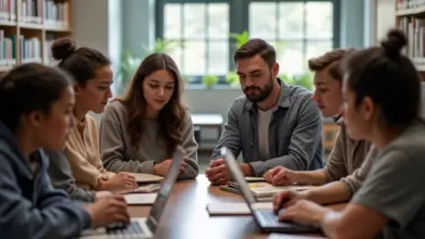 Estudantes diversos colaborando em uma biblioteca moderna, representando a busca pelo conhecimento em pedagogia.