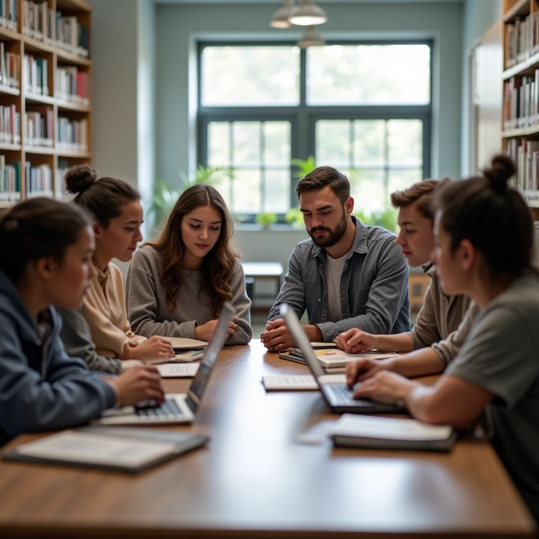 Qual A Diferença Entre Pedagogia Licenciatura E Bacharelado? Estudantes diversos colaborando em uma biblioteca moderna, representando a busca pelo conhecimento em pedagogia.