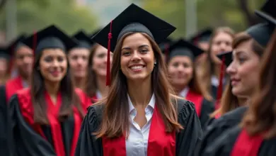 Estudantes diversos comemorando formatura em campus universitário brasileiro.