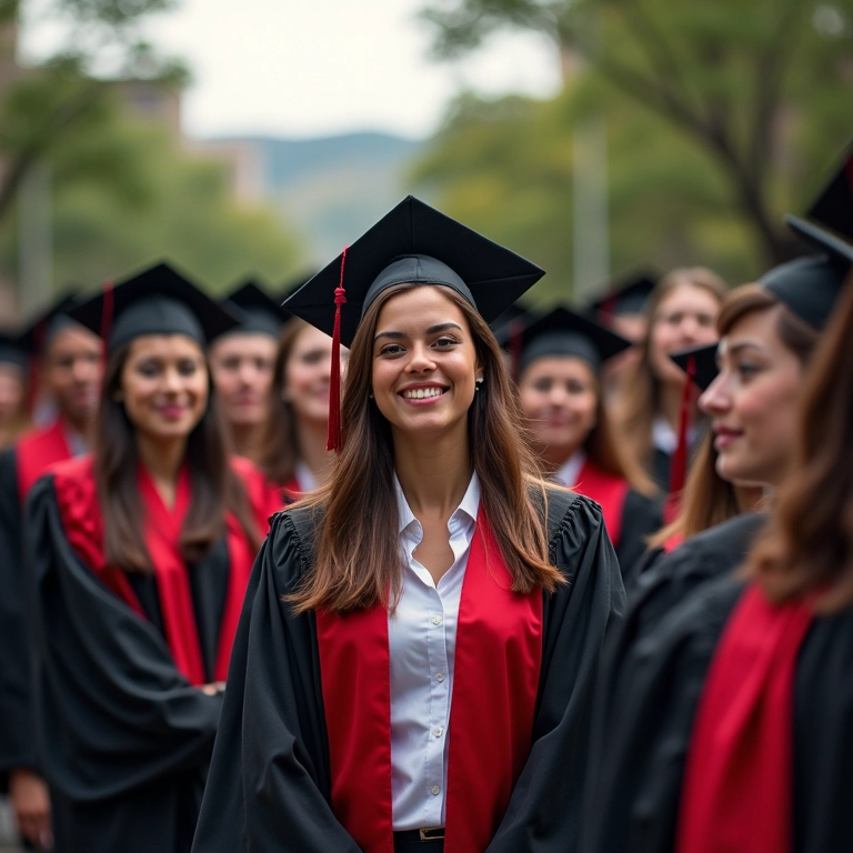 Curso Superior E Graduação Qual A Diferença? Estudantes diversos comemorando formatura em campus universitário brasileiro.