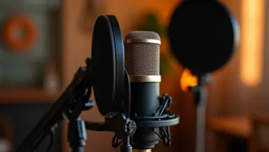 Estúdio de podcast com vídeo mostrando microfones, câmera e iluminação profissional.