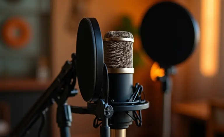 Estúdio de podcast com vídeo mostrando microfones, câmera e iluminação profissional.