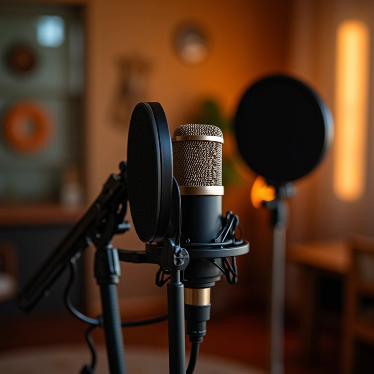 Como Criar Um Podcast Com Vídeo e Aumentar Seu Alcance Estúdio de podcast com vídeo mostrando microfones, câmera e iluminação profissional.