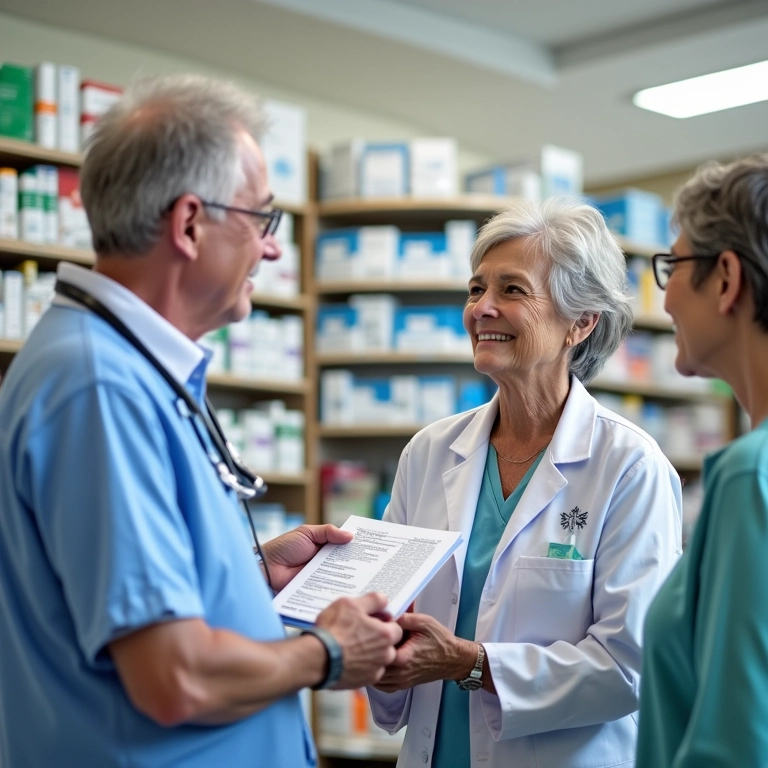 Farmacêutico explicando instruções de medicamentos para casal idoso em farmácia.