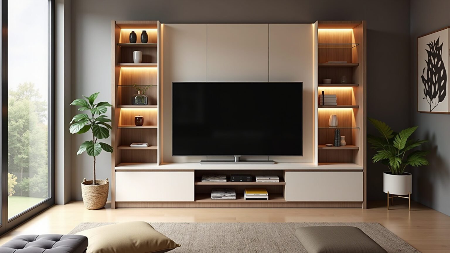Sala de estar moderna com painel para TV e decoração brasileira.