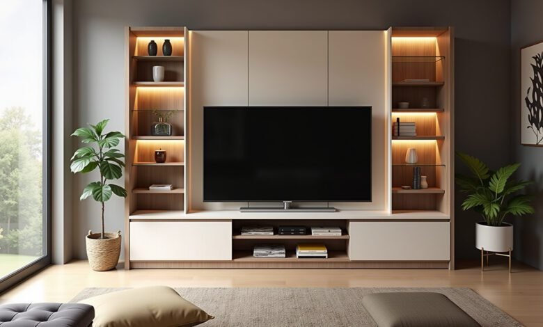 Sala de estar moderna com painel para TV e decoração brasileira.