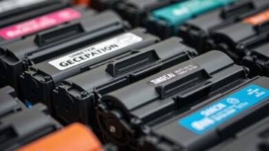 Cartuchos de toner de impressora de diferentes marcas e cores.