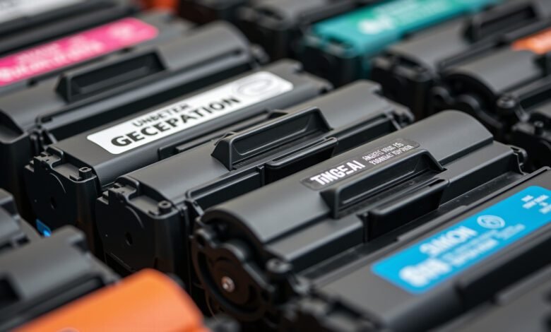 Cartuchos de toner de impressora de diferentes marcas e cores.