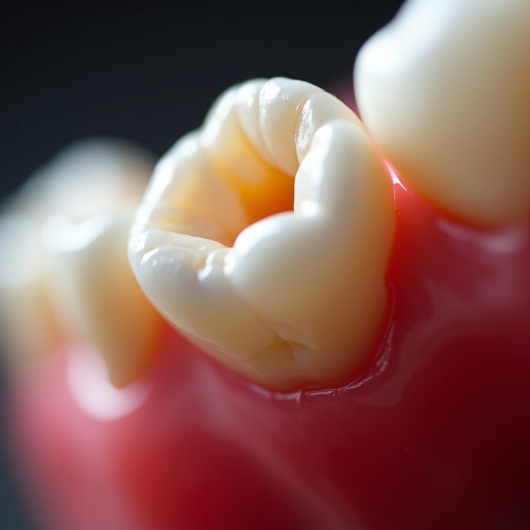 Foto macro detalhada de dentes com cáries, mostrando a erosão do esmalte.