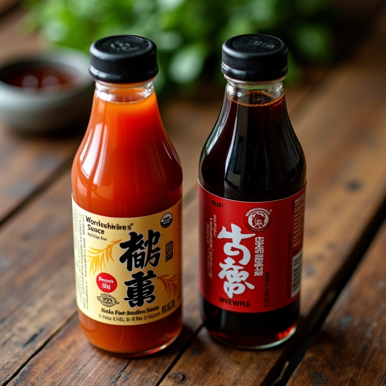 Qual A Diferença Do Molho Shoyu Para O Molho Inglês? Frascos de shoyu e molho inglês lado a lado em uma mesa de madeira rústica.
