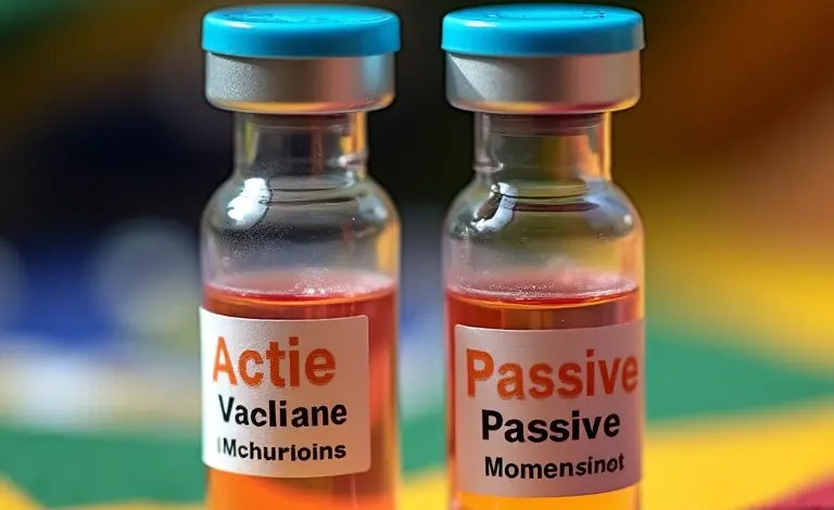 Frascos de soro com etiquetas 'Ativa' e 'Passiva' sobre tecido vibrante, representando os tipos de imunização.