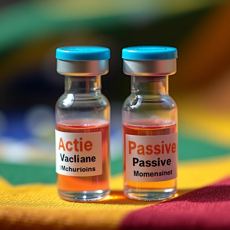 Qual A Diferença Entre Imunização Passiva E Ativa? Frascos de soro com etiquetas 'Ativa' e 'Passiva' sobre tecido vibrante, representando os tipos de imunização.
