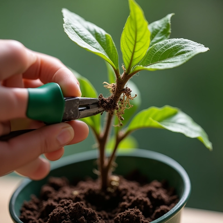 Galho de hibisco sendo preparado para plantio.