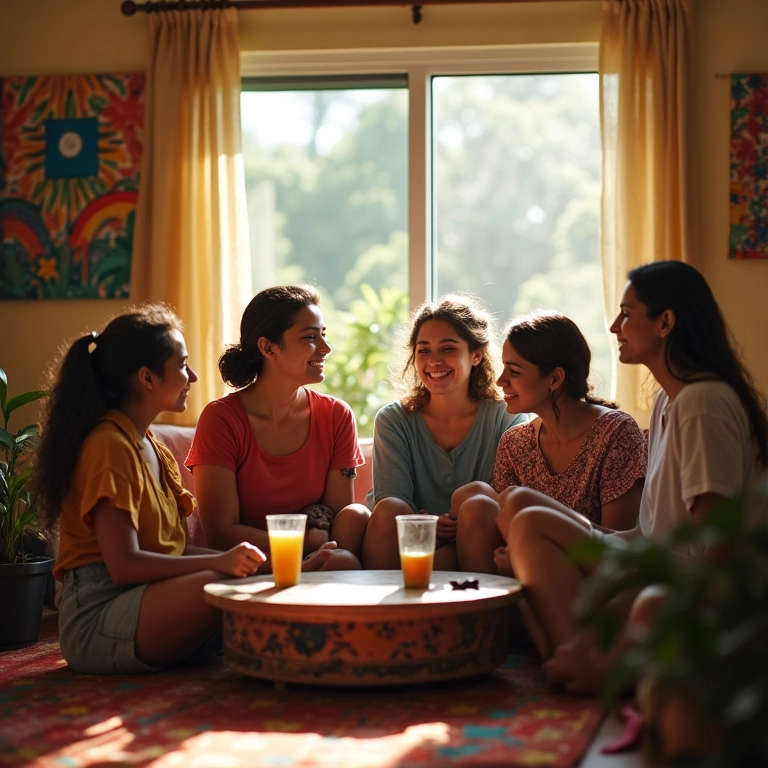 Qual A Diferença Entre Legado E Herança? Grupo de adultos diversos compartilham histórias em sala ensolarada, representando o legado familiar.