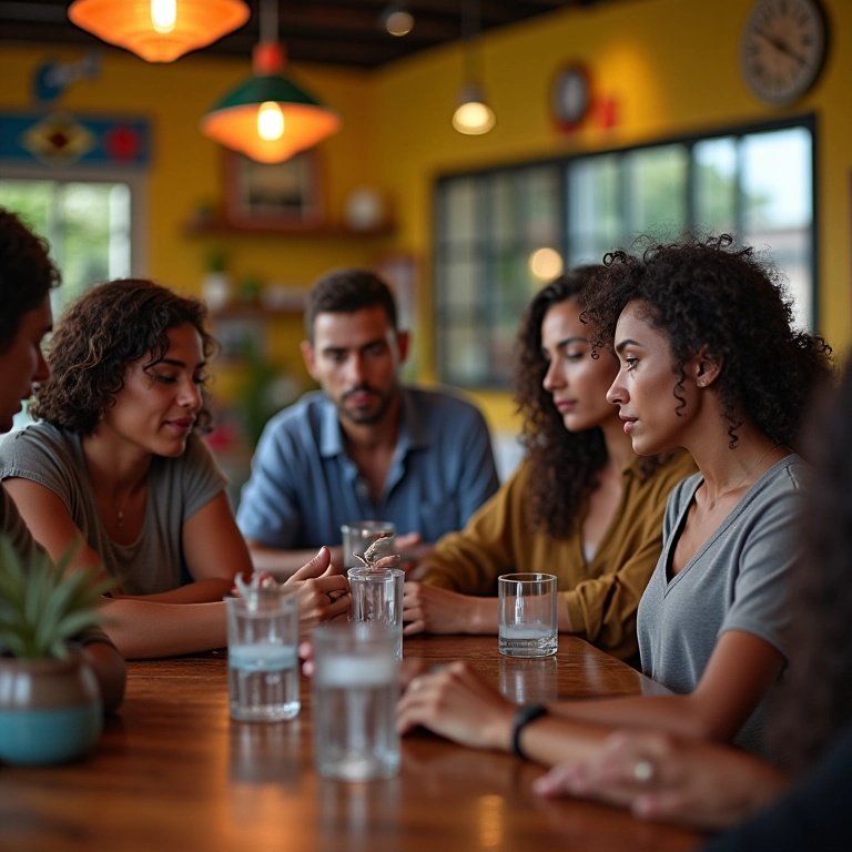 Grupo de brasileiros discutindo opções de saúde em um café.