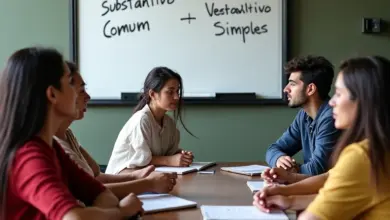 Grupo de brasileiros discutindo sobre substantivos comuns e simples.