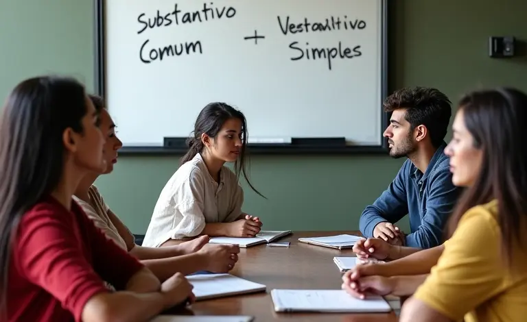 Grupo de brasileiros discutindo sobre substantivos comuns e simples.