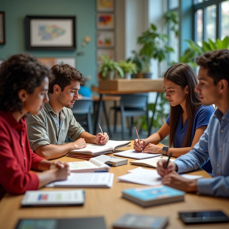 Qual A Diferença Entre Abnt E Abnt2? Grupo de pessoas diversas trabalhando juntas em escritório vibrante, discutindo normas ABNT.