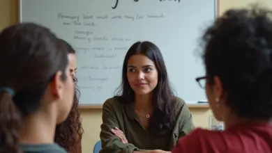 Grupo diverso de amigos brasileiros discutindo as regras gramaticais de 'Many' e 'Much'.