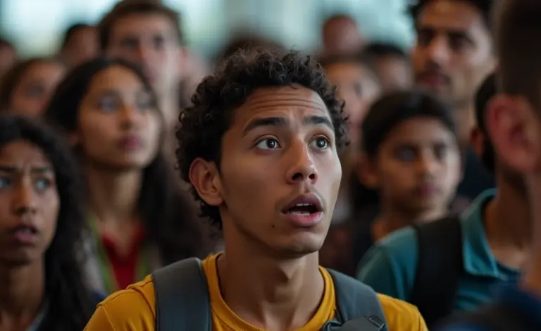 Grupo diverso de brasileiros em aeroporto, mostrando diferentes emoções sobre migração.