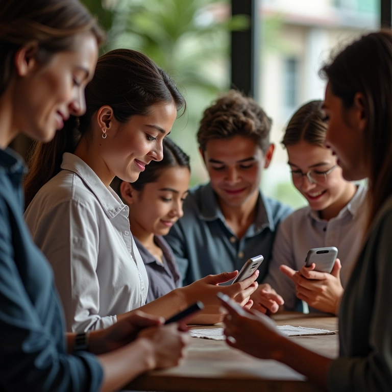 Grupo diverso interagindo positivamente com chatbot de marca em dispositivos variados.