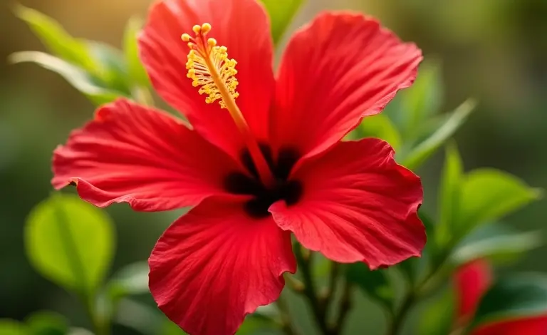 Hibisco vibrante florescendo em jardim ensolarado.