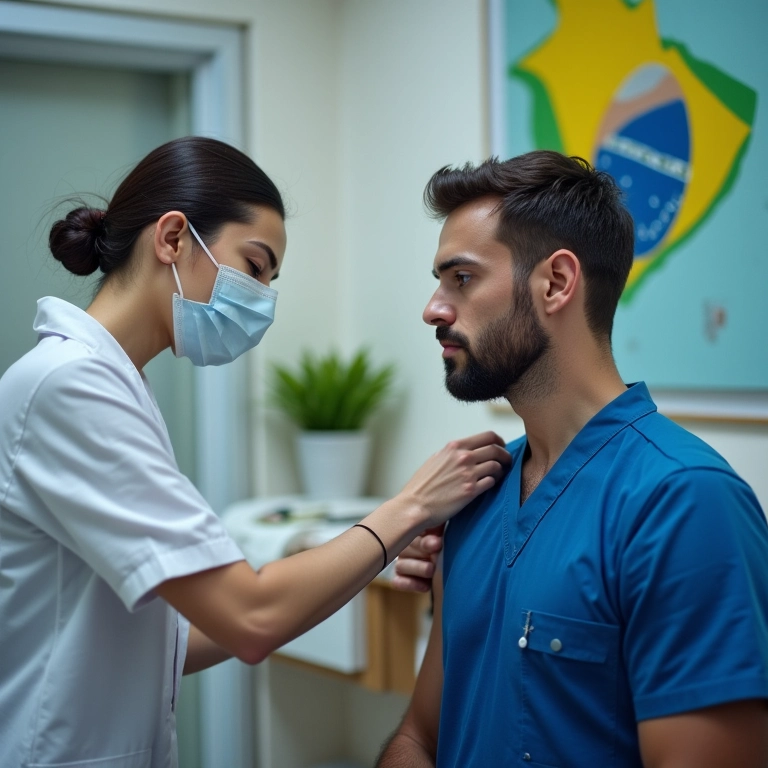Homem adulto recebendo soro antitetânico em clínica.