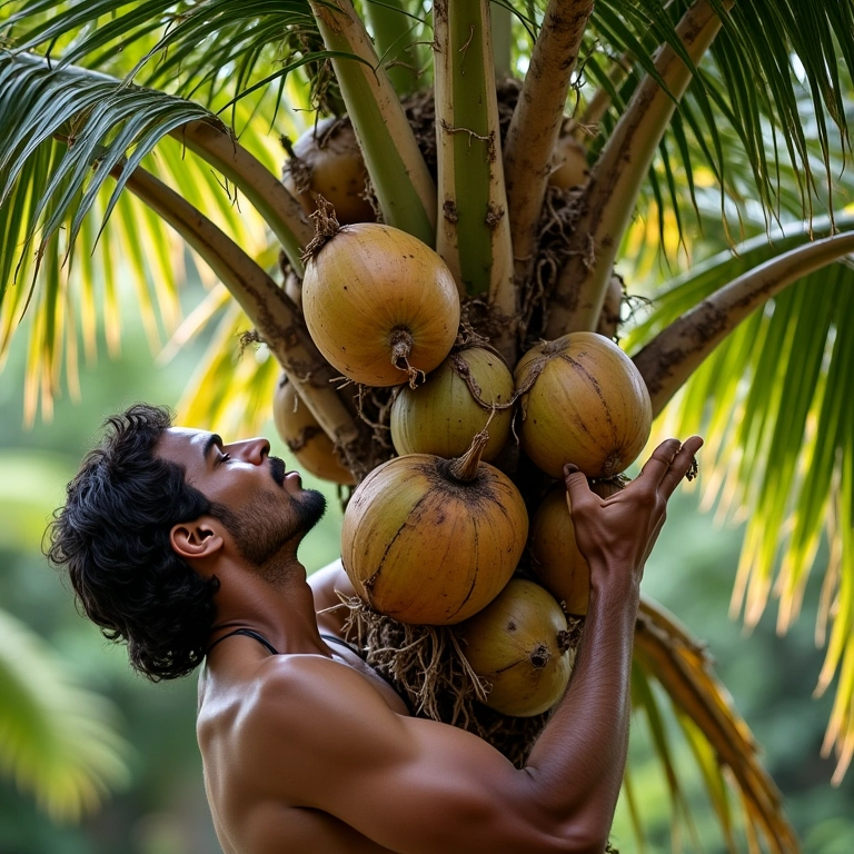 Homem colhendo cocos maduros diretamente do coqueiro.
