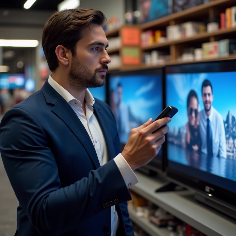Homem comparando controles remotos de TVs de 50 e 55 polegadas em loja de eletrônicos.