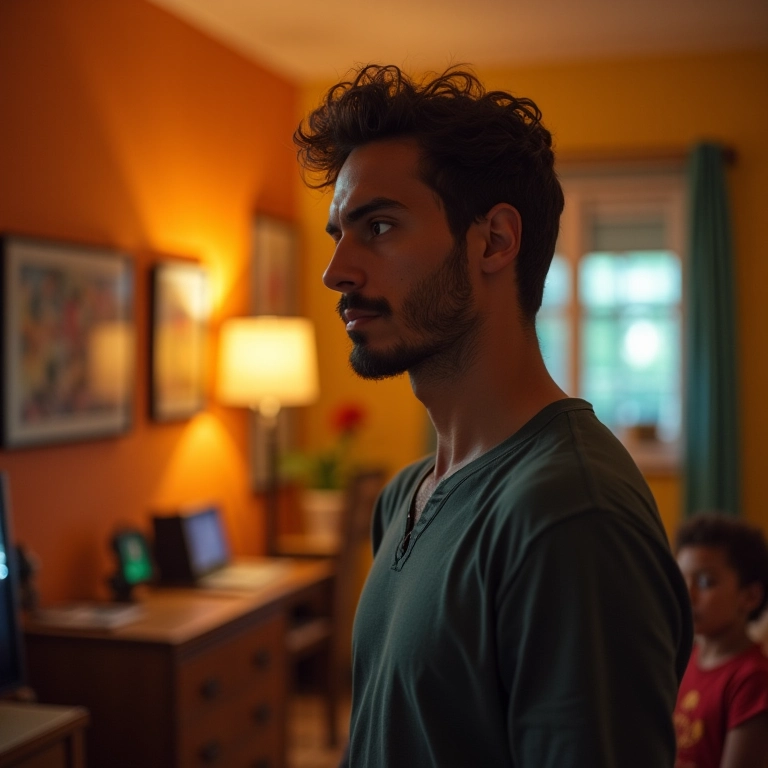 Homem distraído em apartamento, representando dificuldade em manter a atenção.