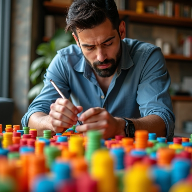 Homem organizando objetos coloridos, representando comportamentos repetitivos.