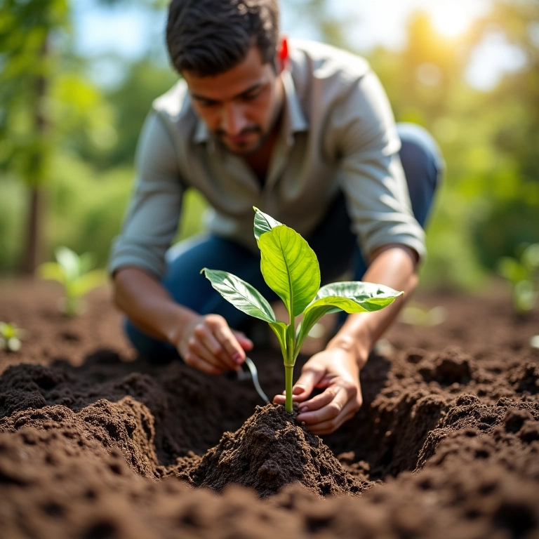 Homem preparando o solo para plantar muda de coqueiro.