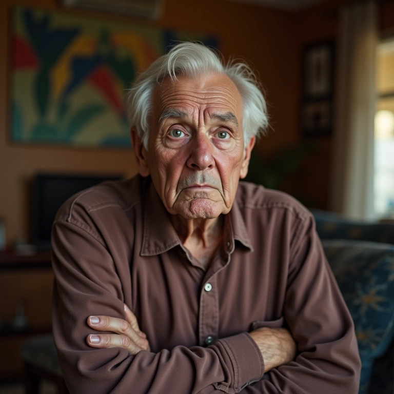 Idoso tentando reconhecer rostos familiares, confuso.