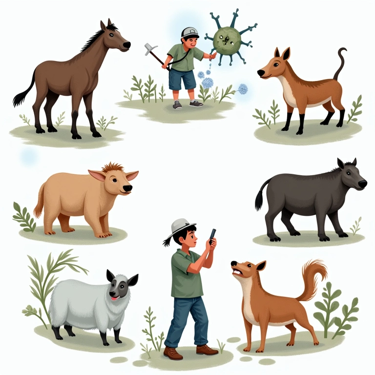 Ilustração das diversas causas de uma epidemia: água contaminada, animais infectados, contato pessoal.