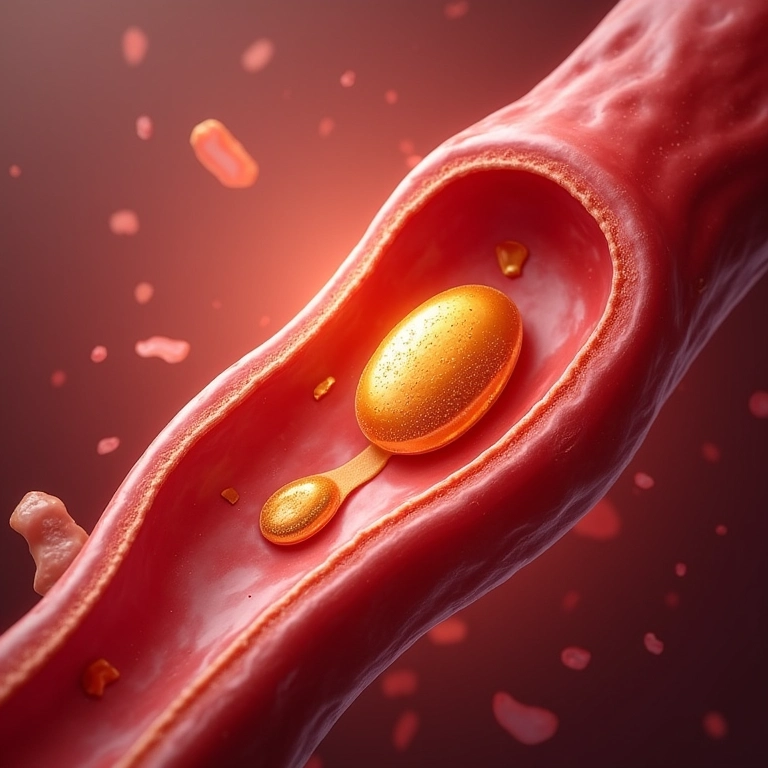Ilustração detalhada da formação de placas de colesterol em uma artéria, mostrando as causas da aterosclerose.