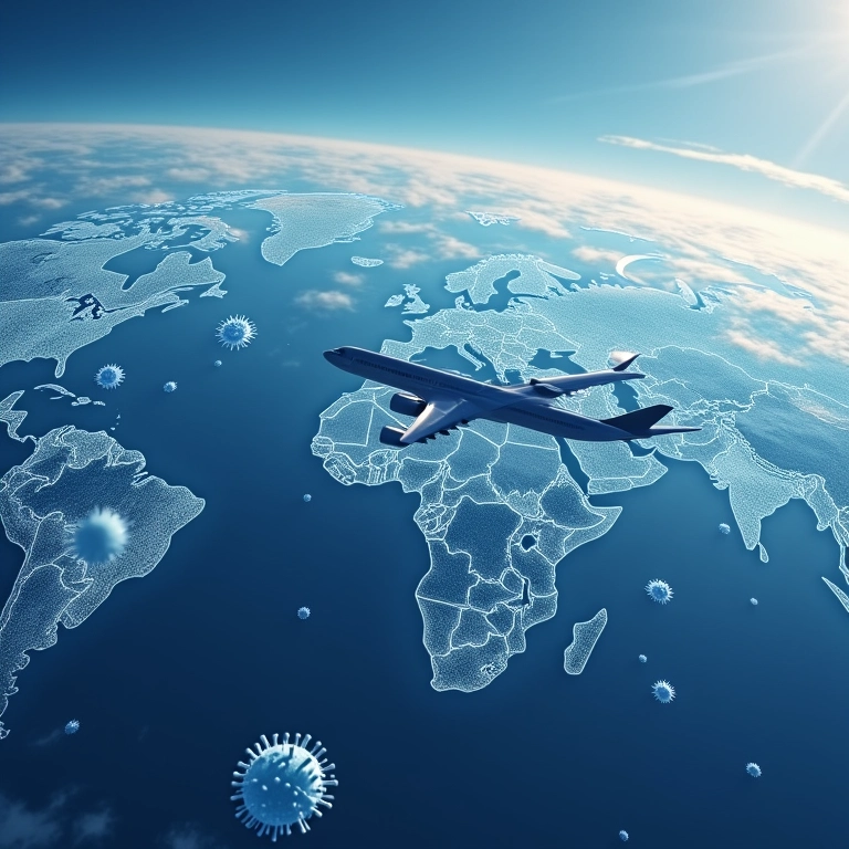 Ilustração global mostrando como o transporte aéreo espalha rapidamente doenças, causando pandemias.