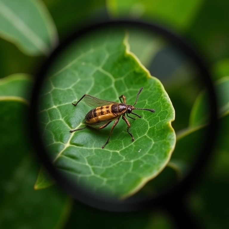 Inspeção de pragas nas folhas da primavera com lupa.