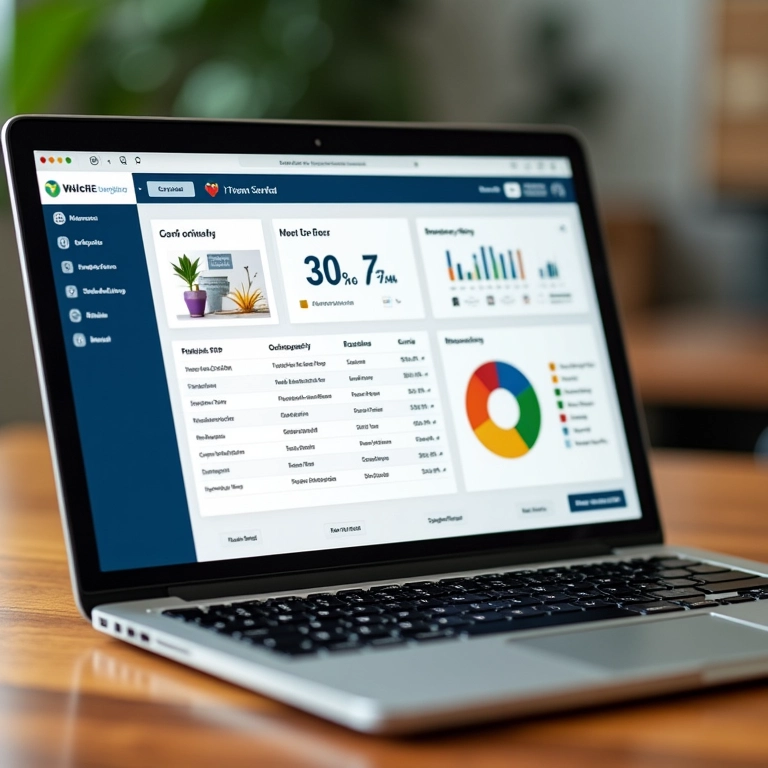 Interface do Tiny ERP em um laptop mostrando funcionalidades de estoque.