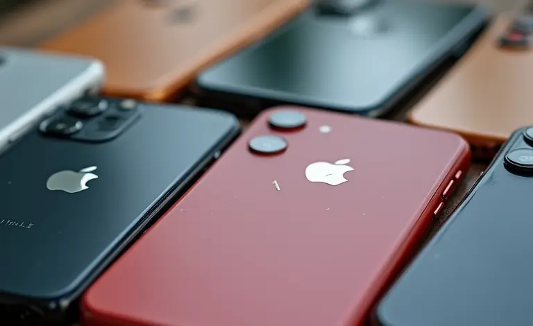 iPhones de vitrine lado a lado, mostrando diferentes condições estéticas.