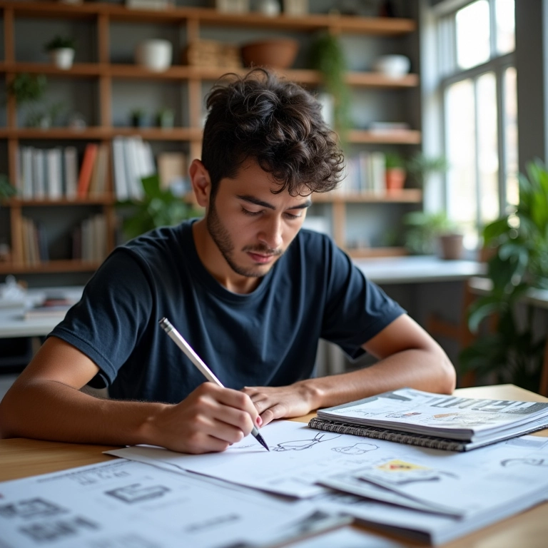 Jovem designer brasileiro em espaço de coworking em São Paulo, esboçando designs.
