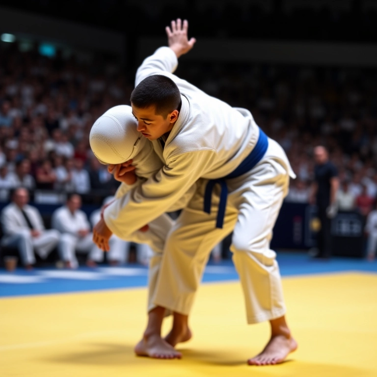 Judoca aplicando um golpe de arremesso (ippon seoi nage).