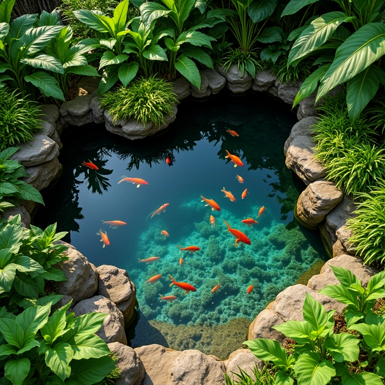 Como Fazer Um Laguinho Laguinho vibrante em quintal com plantas e peixes coloridos.