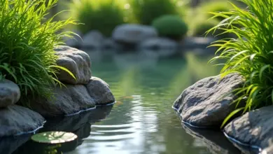 Laguinho vibrante em um quintal, com plantas exuberantes e reflexo do céu na água.