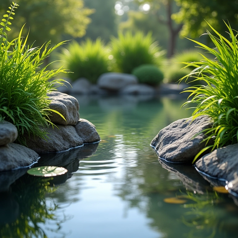Como Fazer Um Laguinho Laguinho vibrante em um quintal, com plantas exuberantes e reflexo do céu na água.